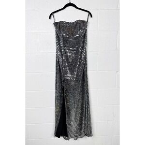Vintage Y2K Sequin Gown Womens Size 8 Silver Black 2000s Strapless‎ Maxi Dress